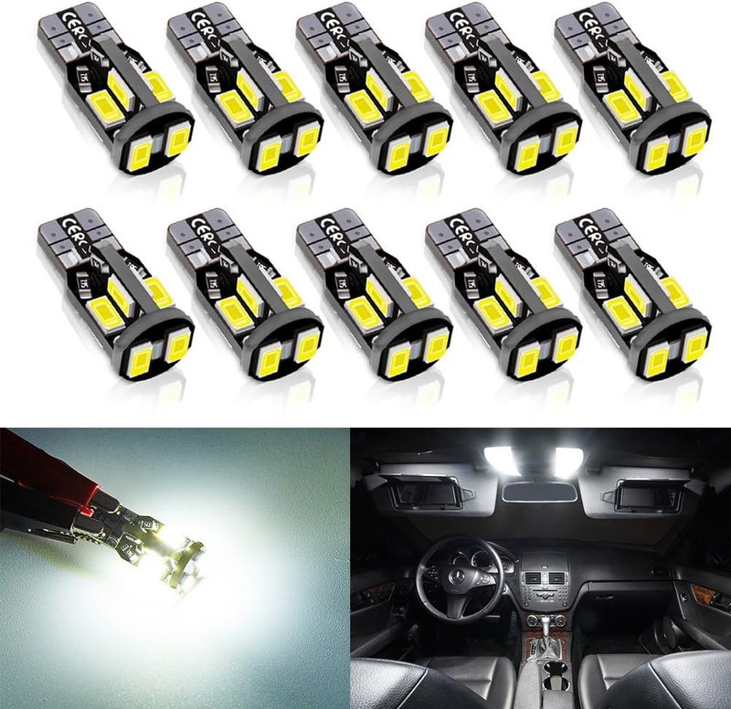 Antline 194 168 2825 T10 W5W Error Free LED Bulb White, Super Bright 300 Lumens 10-SMD 5730 Chipset LED Bulbs for Interior Dome Map Door Courtesy License Plate Lights, Pack of 10 - Image 1